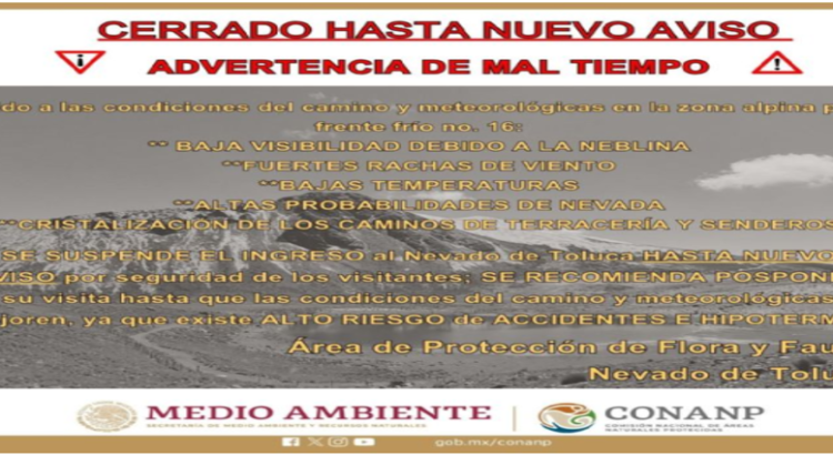 Vuelven a suspender ingreso al Nevado de Toluca debido al mal tiempo