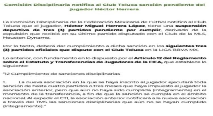 Héctor Herrera no podrá jugar 3 partidos con el Toluca
