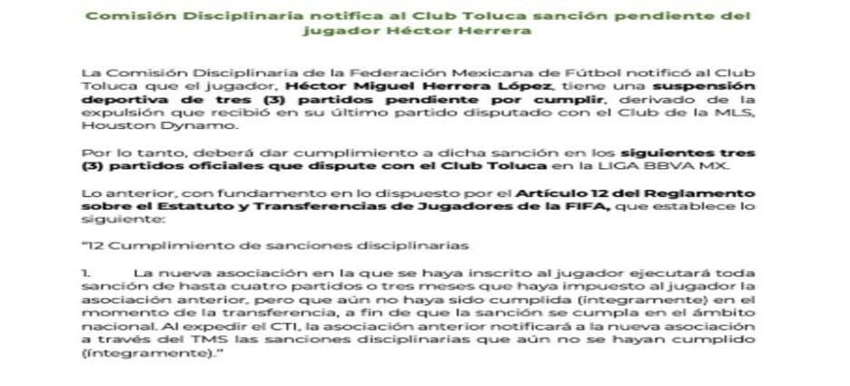 Héctor Herrera no podrá jugar 3 partidos con el Toluca