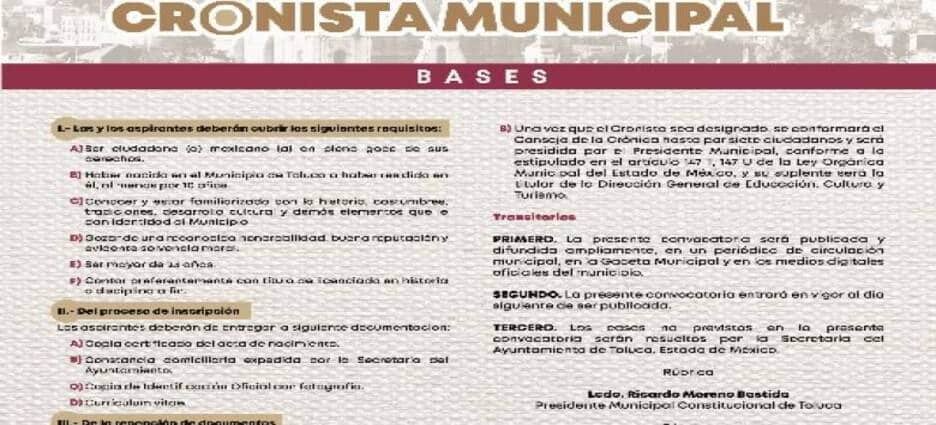 Gobierno de Toluca publica convocatoria para designar al cronista municipal