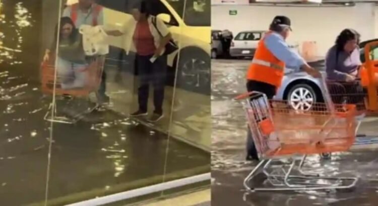 Para que no te mojes te llevan en “carrito de super” hasta tu automóvil